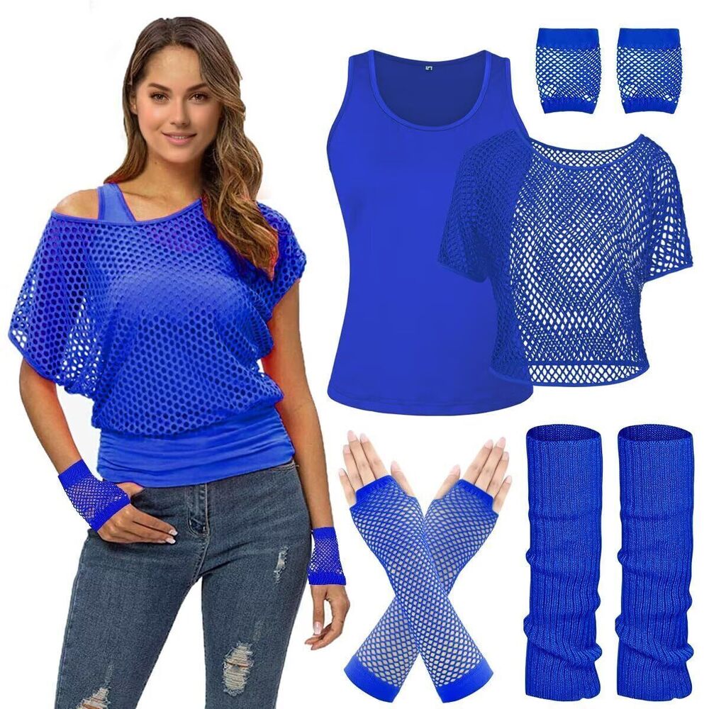 4403 Casual Sexy 80s Costumes Fishnet Neon Off Shoulder T-Shirt 80s Costume